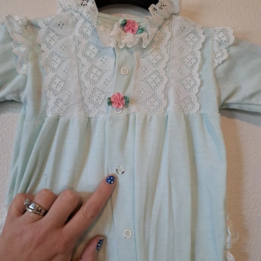 Vintage Trimfit Sleep & Play Mint Green Lace Floral Footie Sleeper USA Large